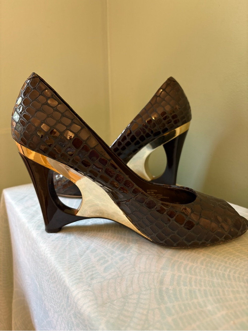 BCBGirls Choco Brown Croc Patent Peep-Toe Pumps